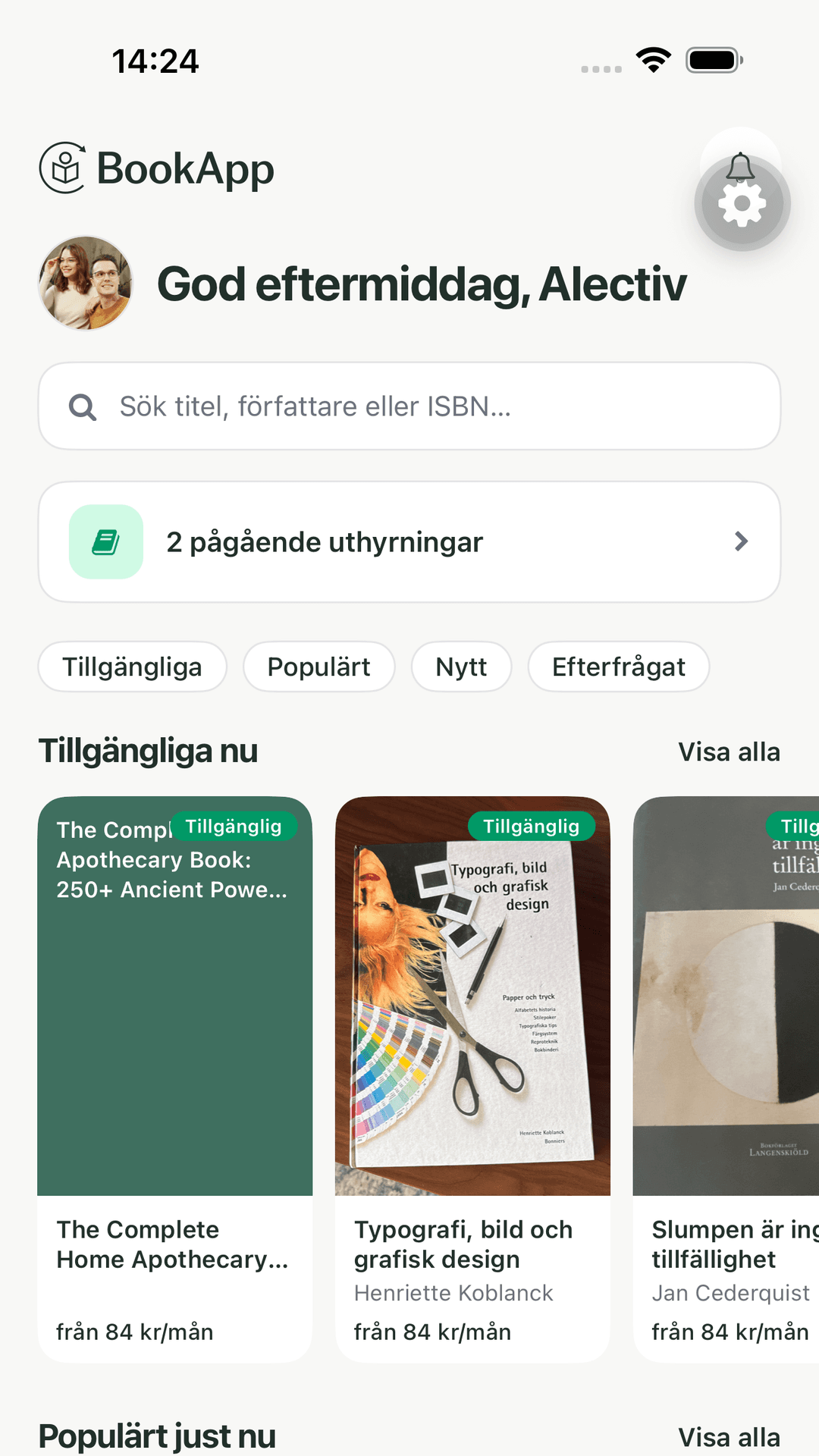 BookApp startsida med sök, tillgängliga böcker och uthyrningar